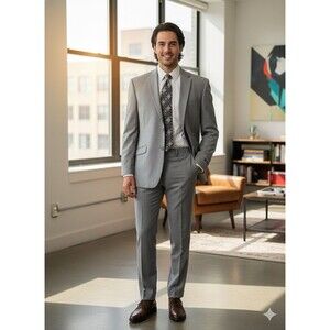 NEW Retro Paris Mens Suit  2pc Slim Fit Gray Subtle Check Charcoal 46R 32x35*